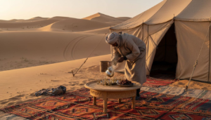 Luxury Sahara camp sunrise tea scene