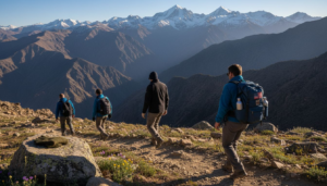 Trekkers hiking Atlas Mountains high trail