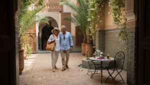 Couple strolling in Moroccan riad courtyard