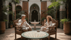 Couple relaxing in luxury Moroccan riad