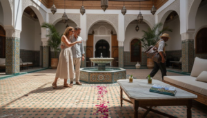 Couple in luxury Marrakech riad courtyard