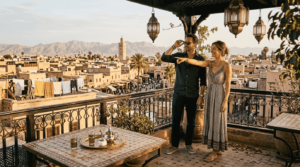 Couple planning luxury adventure overlooking Marrakech