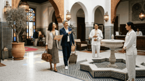 Couple arriving at luxury Marrakech hotel lobby