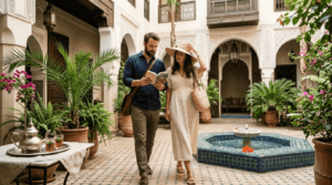 Couple explores Moroccan luxury riad courtyard