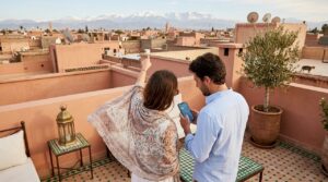 Couple planning luxury trip overlooking Marrakech