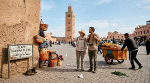 Travelers explore busy Moroccan city square