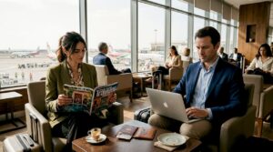 Luxury travelers in Casablanca airport lounge