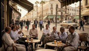 Casablanca café scene with locals and city street