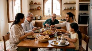 Moroccan family sharing tagine in home kitchen