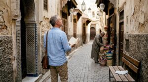 Traveler in historic Moroccan medina street