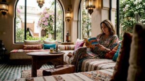 Luxury traveler relaxing in Morocco riad courtyard