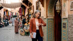 Guest in elegant Marrakesh riad entryway