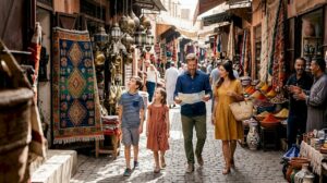 Family exploring medina street in Morocco