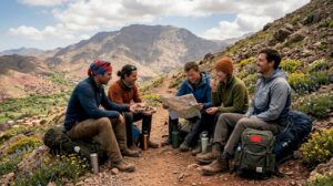Hikers resting on Atlas Mountains trekking route