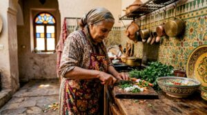 Moroccan dada cooking in sunlit riad kitchen