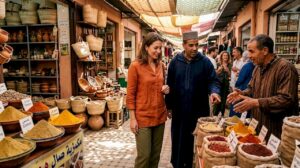 Visitors shopping at bustling Moroccan spice market