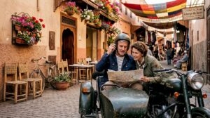 Couple preparing for Morocco sidecar tour