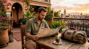 Traveler consulting map and weather app in Morocco