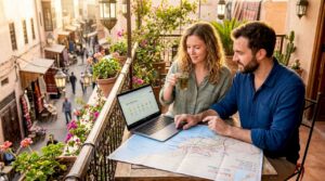 Couple planning Morocco trip with map and laptop