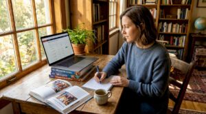 Woman researching flights to Morocco on laptop