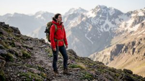 Hiker on Mount Toubkal trail with mountain background