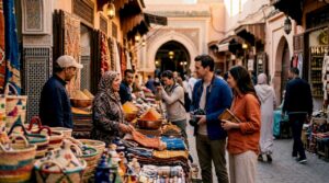Busy Marrakech street with tourists and locals