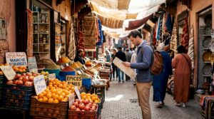 Bustling Moroccan market street scene