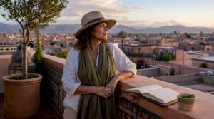 Traveler sitting at outdoor terrace of Moroccan palace hotel