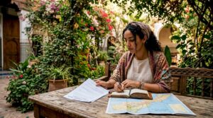 Traveler reviewing insurance documents in Moroccan courtyard