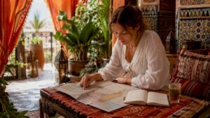 Traveler planning Morocco trip in riad courtyard