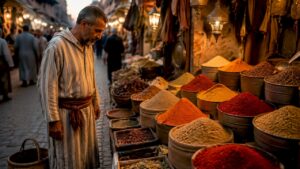 Shopper browsing spices in Moroccan market