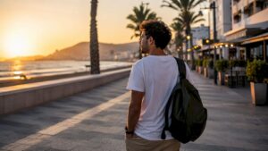 Traveler overlooking Agadir beach coastline at sunset