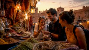 Sunlit street scene with kasbahs and visitors in Ouarzazate