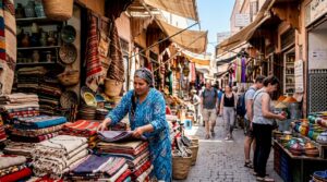 Open-air Moroccan market with vendor and shoppers