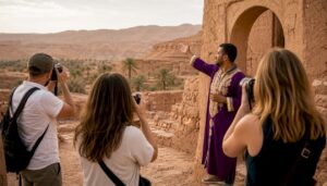 Moroccan guide with tourists in historic medina alley