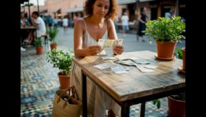 Traveler examining Moroccan dirham banknotes outdoors