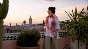 Woman dressed modestly in Moroccan medina street