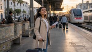 Passenger waiting on Morocco train platform